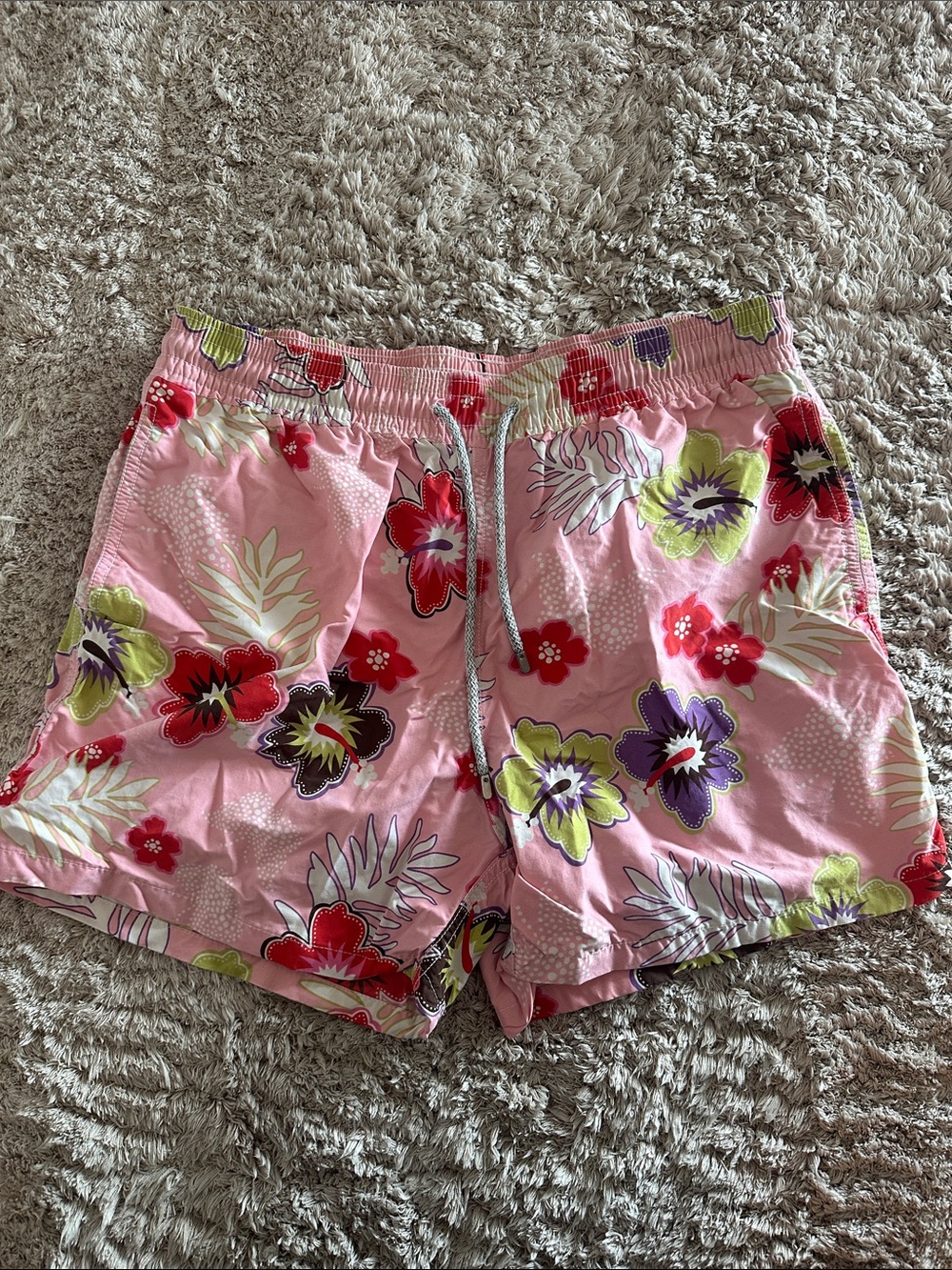 Vilebrequin Pink Floral Swim Trunks with Multicolor Hibiscus Print